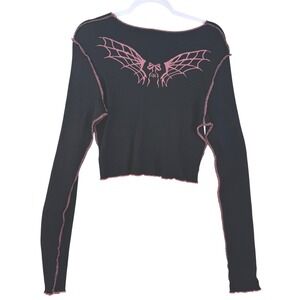 iGirl Black Waffle Knit Crop Top Pink Bat Wing Graphic Grunge Long Sleeve XXL